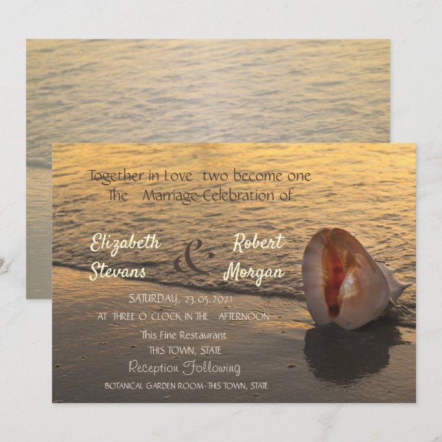 Invitación Boda de puesta de sol en la playa con conchas mari (Anverso / Reverso)