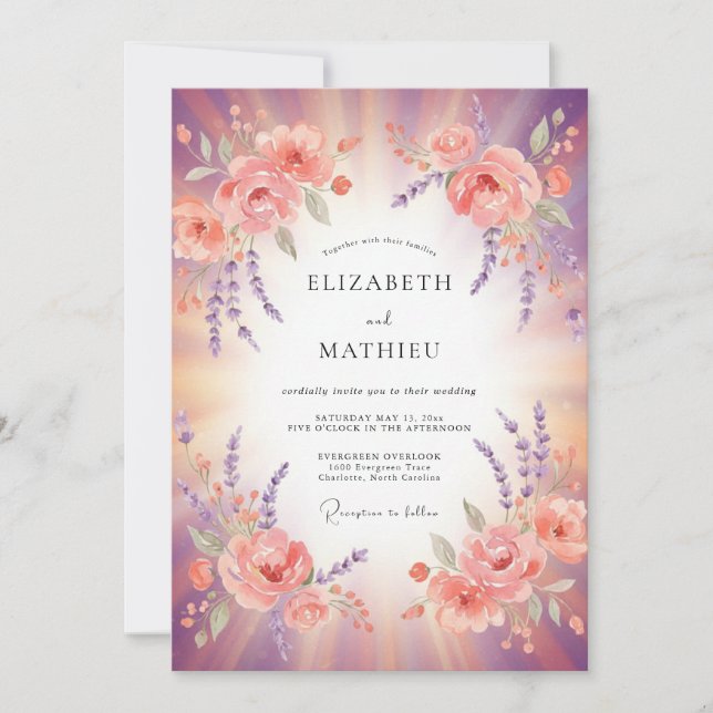 Invitación Boda de puesta de sol radiante malva (Anverso)