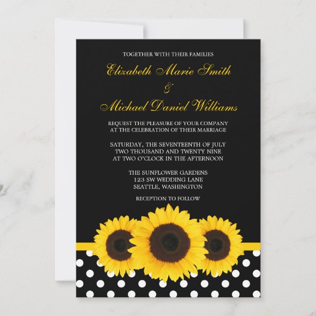Invitación Boda de punto de polka blanco y negro amarillo gir (Anverso)