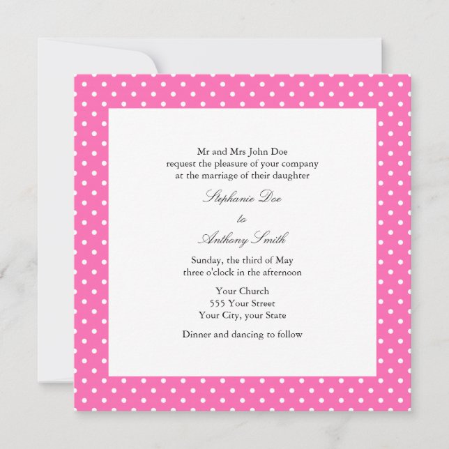 Invitación Boda de Punto de Polka Blanco y Rosa Caliente (Anverso)