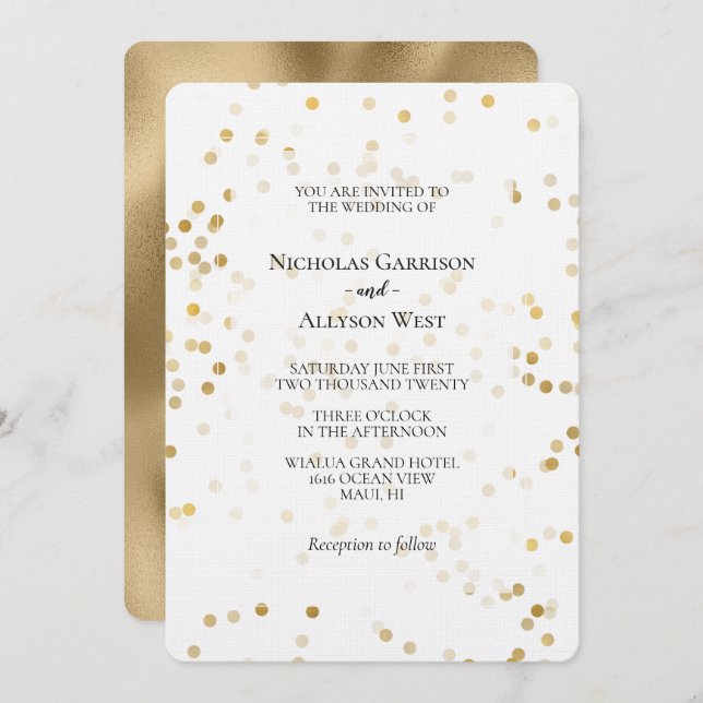 Invitación Boda de puntos de confetti de oro blanco (Anverso / Reverso)
