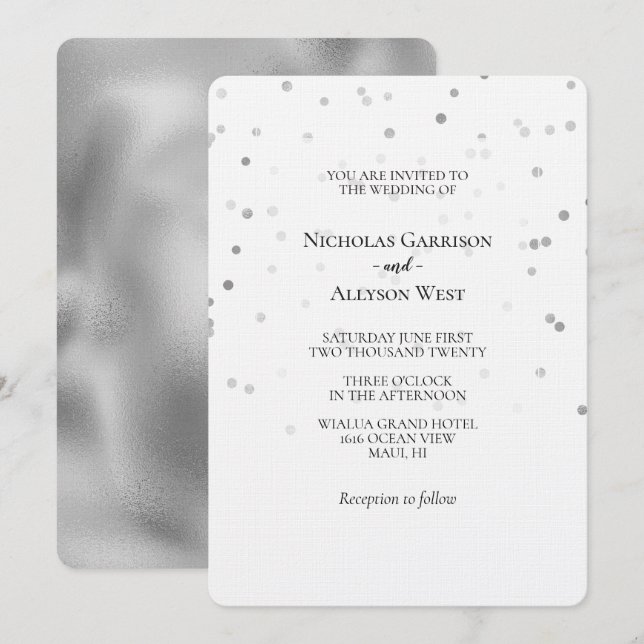 Invitación Boda de puntos de confetti de plata blanca (Anverso / Reverso)