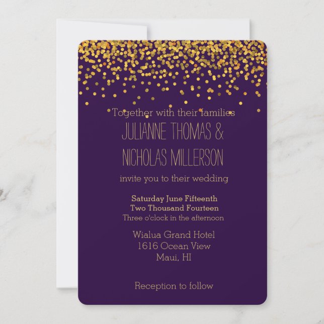 Invitación Boda de puntos de confetti dorado y morado (Anverso)