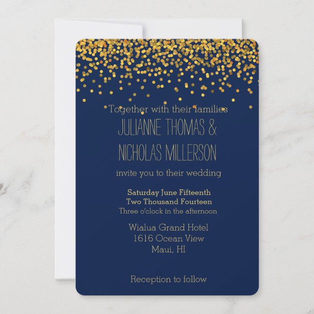 Invitación Boda de puntos de confetti dorados y azules (Anverso)
