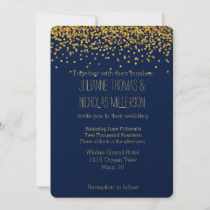 Invitación Boda de puntos de confetti dorados y azules