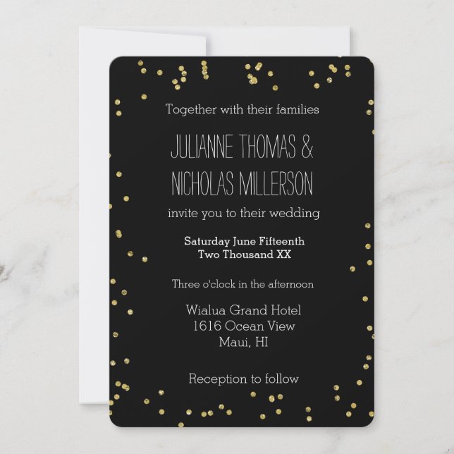 Invitación Boda de puntos de confetti dorados y negros (Anverso)