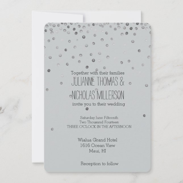 Invitación Boda de puntos de confetti plateado y gris (Anverso)