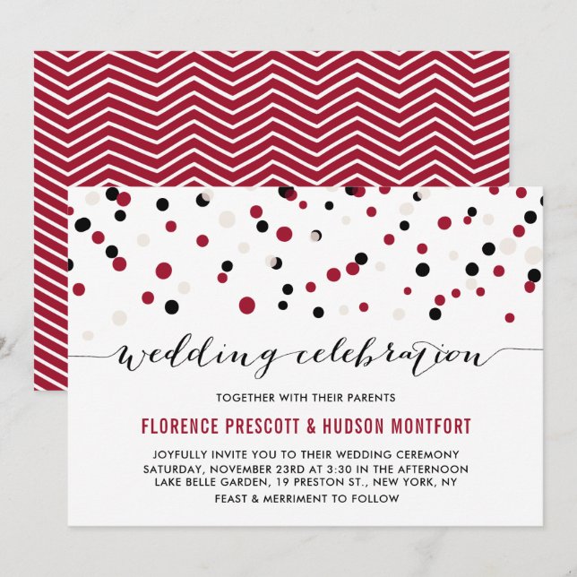 Invitación Boda de puntos de confetti rojo y negro moderno (Anverso / Reverso)
