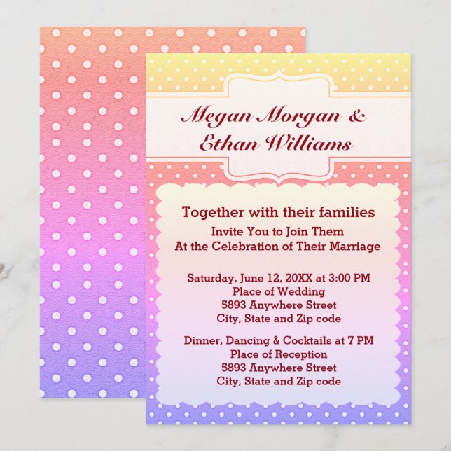 Invitación Boda de puntos de polka amarillo, rosa, azul y bla (Anverso / Reverso)