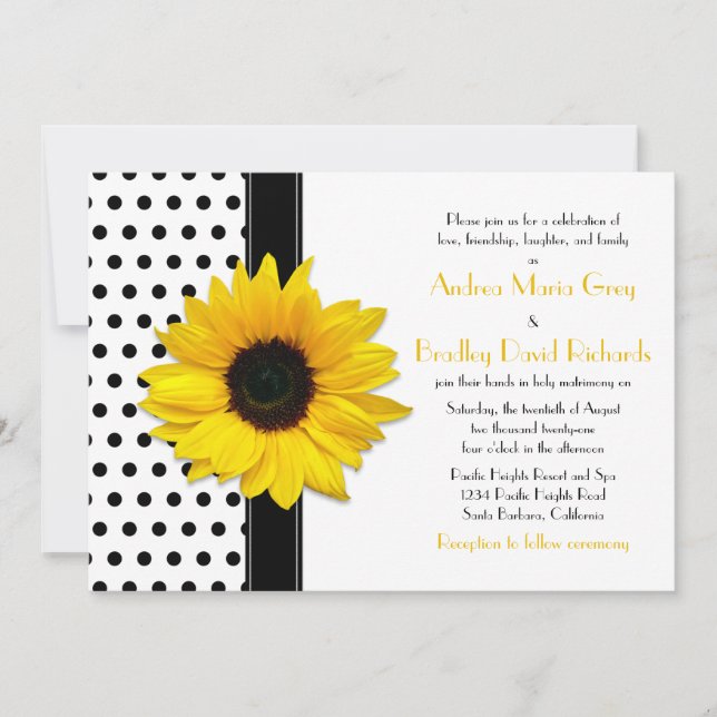 Invitación Boda de puntos de polka blanco amarillo girasol ne (Anverso)