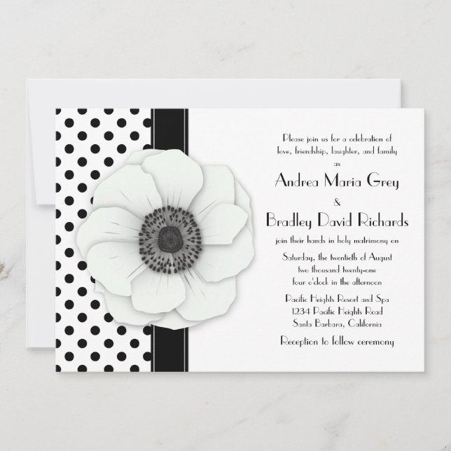 Invitación Boda de puntos de polka blanco negro anémico (Anverso)