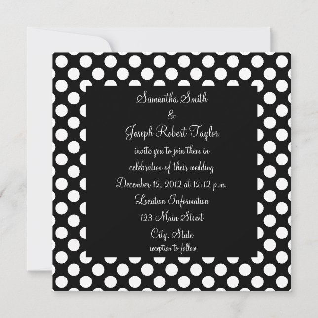 Invitación Boda de puntos de polka blanco y negro (Anverso)