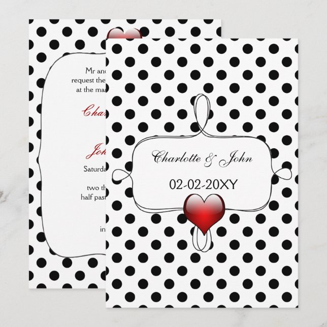 Invitación Boda de puntos de polka blanco y negro (Anverso / Reverso)
