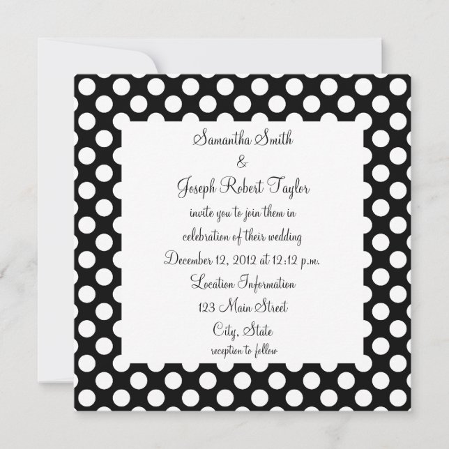 Invitación Boda de puntos de polka blanco y negro (Anverso)
