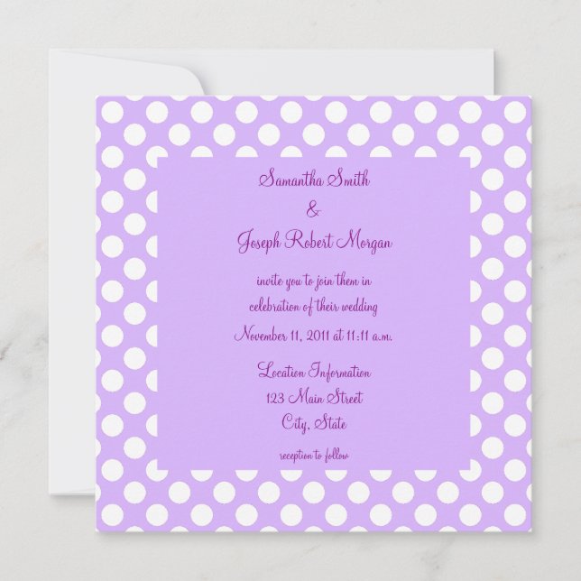 Invitación Boda de puntos de Polka blanco y púrpura claro (Anverso)