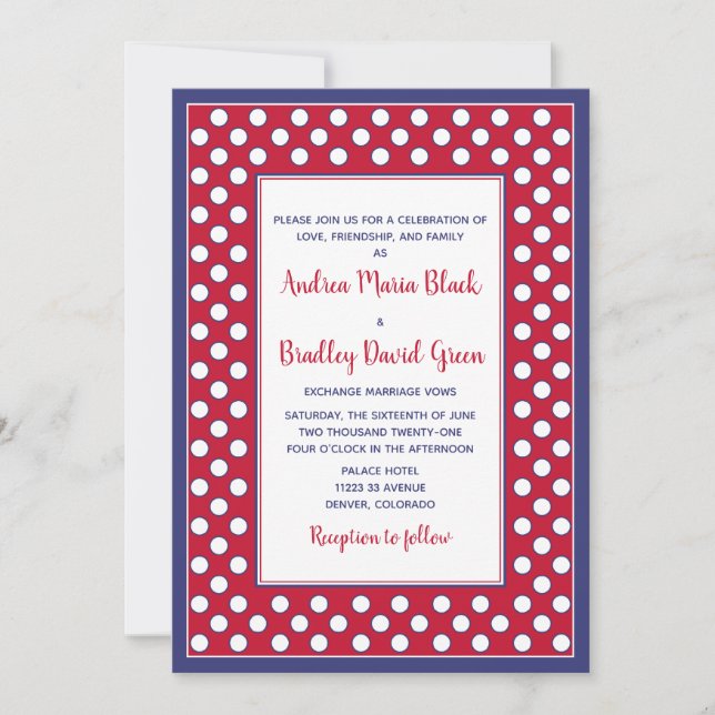 Invitación Boda de puntos de polka rojo, blanco y azul (Anverso)