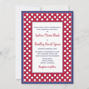 Invitación Boda de puntos de polka rojo, blanco y azul