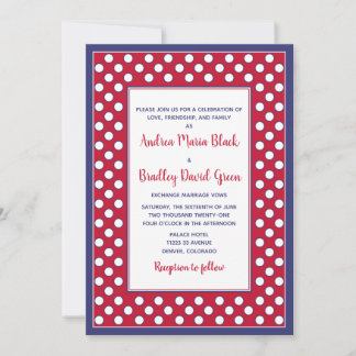 Invitación Boda de puntos de polka rojo, blanco y azul
