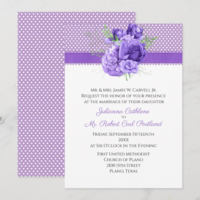 Invitación Boda de puntos de polka y flores moradas (Anverso / Reverso)