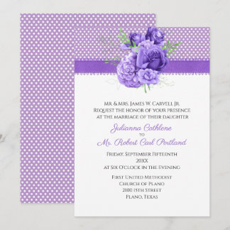 Invitación Boda de puntos de polka y flores moradas