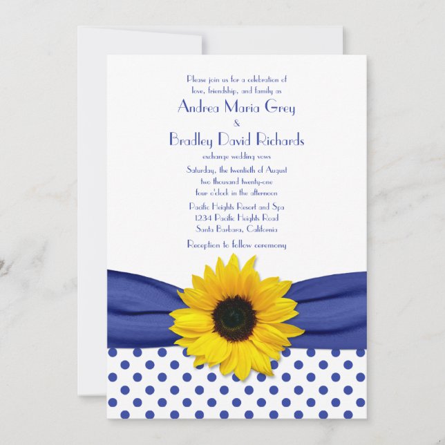 Invitación Boda de puntos del Polka Blanco Azul del girasol (Anverso)