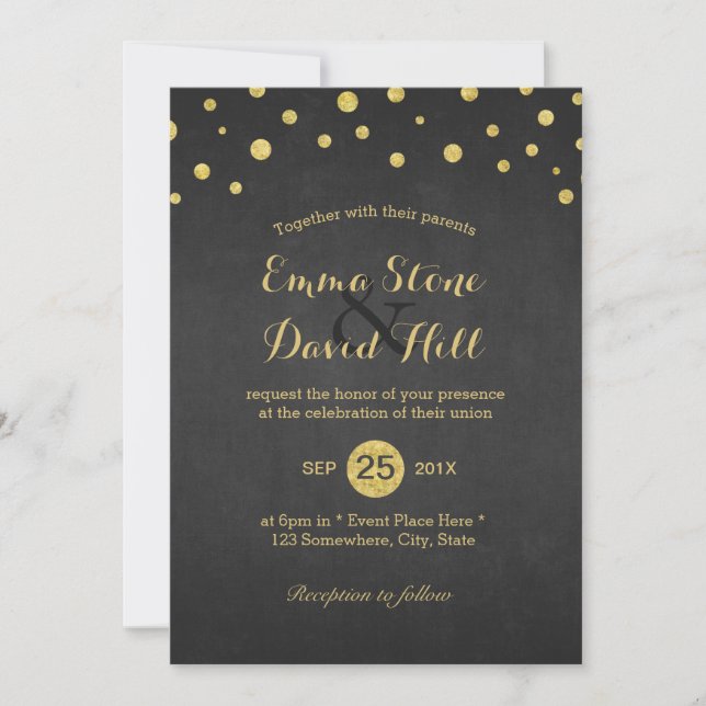 Invitación Boda de puntos modernos de confetti negro y oro (Anverso)