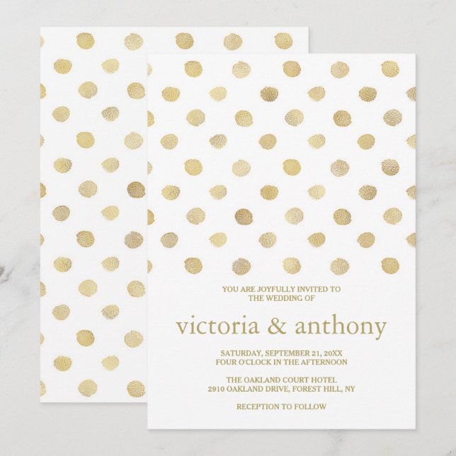 Invitación Boda de puntos modernos de polka blanco y dorado (Anverso / Reverso)