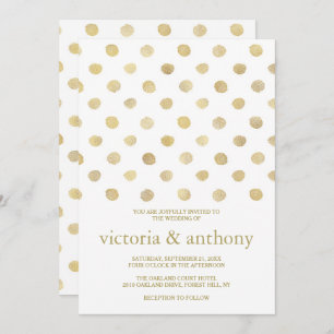 Invitación Boda de puntos modernos de polka blanco y dorado
