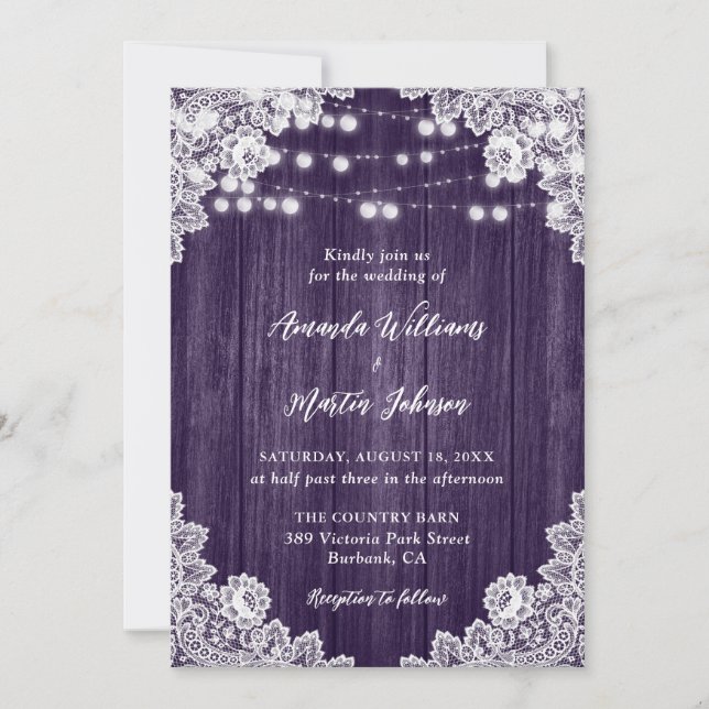 Invitación Boda de Purple Barn Wood Floral Lace String (Anverso)