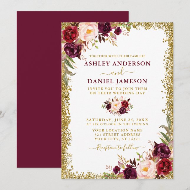 Invitación Boda de Purpurina acuarela borgoñona floral dorada (Anverso / Reverso)