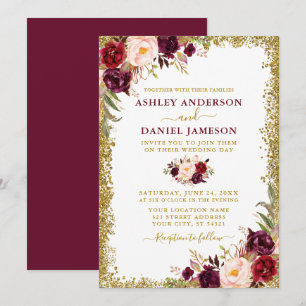 Invitación Boda de Purpurina acuarela borgoñona floral dorada