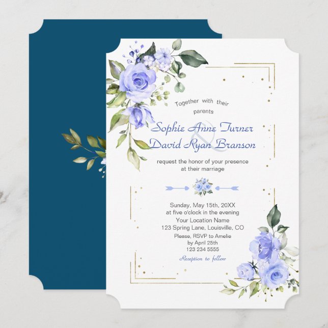 Invitación Boda de Purpurina de color azul acuarela (Anverso / Reverso)