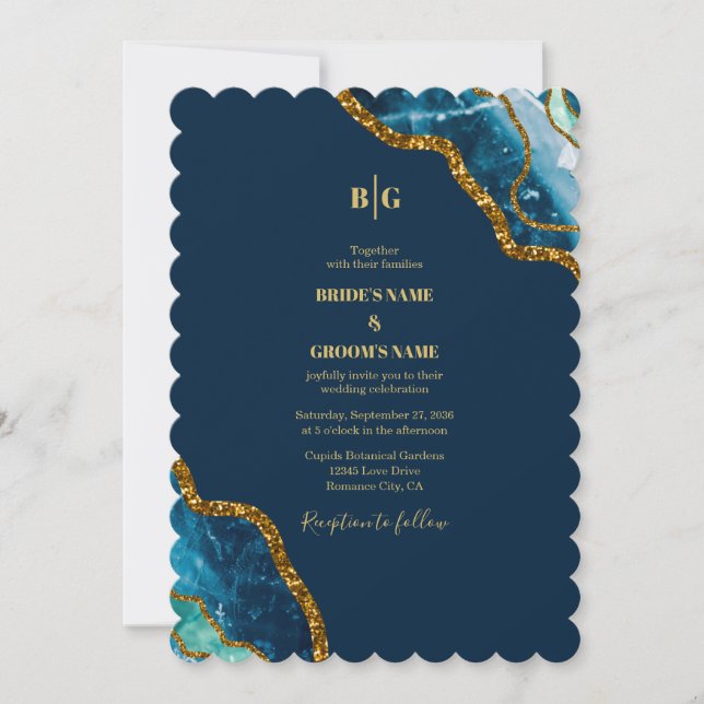 Invitación Boda de Purpurina de Geode de Blue & Gold Agate (Anverso)