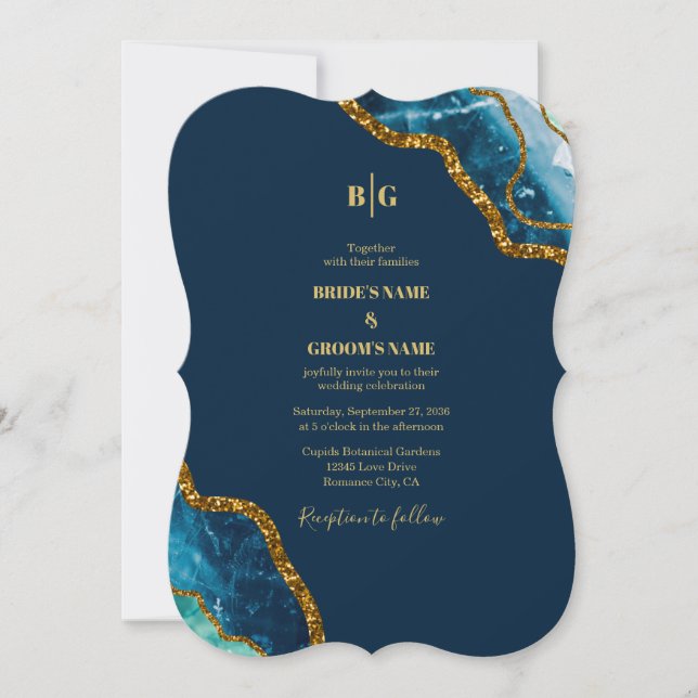 Invitación Boda de Purpurina de Geode de Blue & Gold Agate (Anverso)