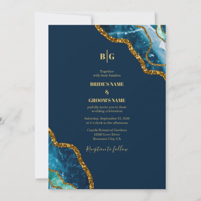 Invitación Boda de Purpurina de Geode de Blue & Gold Agate (Anverso)