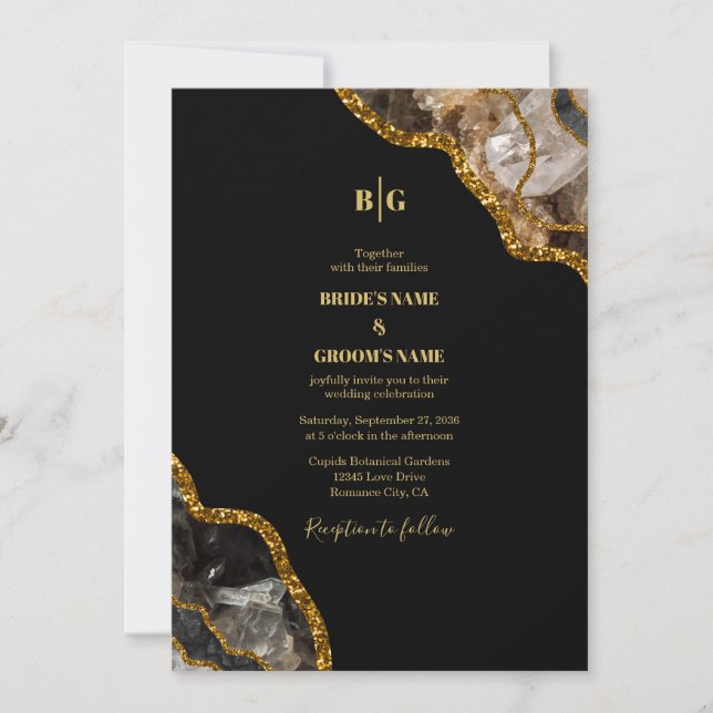 Invitación Boda de Purpurina de Geode de la Agate de Oro y Ne (Anverso)