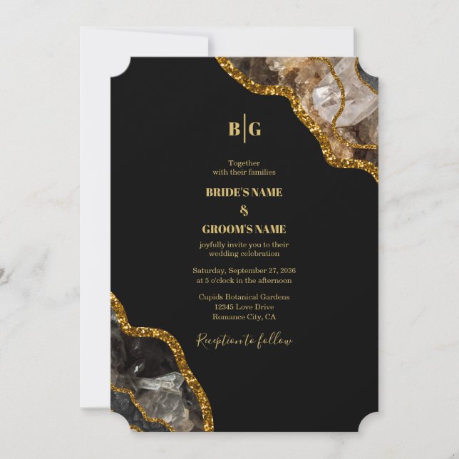 Invitación Boda de Purpurina de Geode de la Agate de Oro y Ne (Anverso)