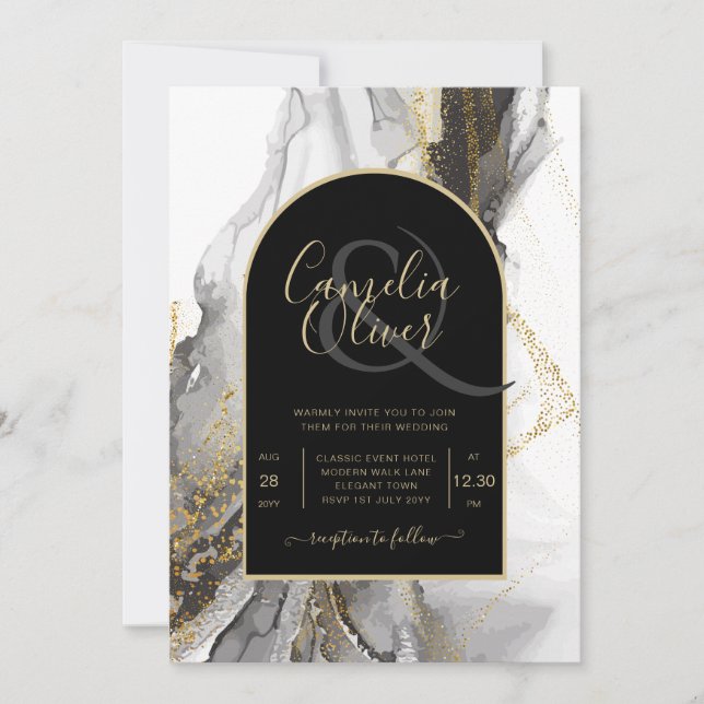 Invitación Boda de Purpurina de Mármol de la Agate de Oro Neg (Anverso)