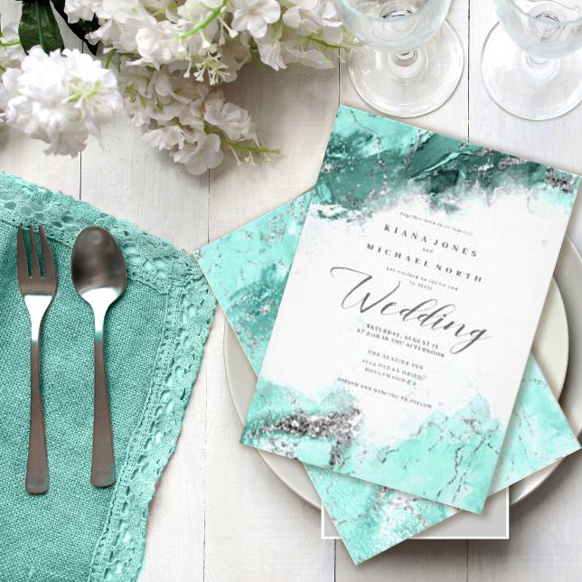 Invitación Boda de Purpurina de mármol Verde azulado Silver I (Subido por el creador)