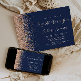 Invitación Boda de purpurina de melocotón azul marino moderno