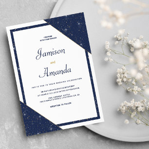 Invitación Boda de purpurina de oro blanco azul marino geomét