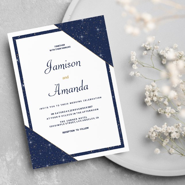 Invitación Boda de purpurina de oro blanco azul marino geomét (Geometric navy blue white gold glitter Wedding)