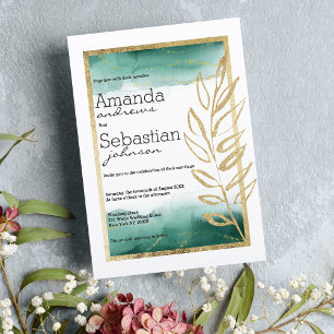 Invitación Boda de purpurina dorado verde acuarela