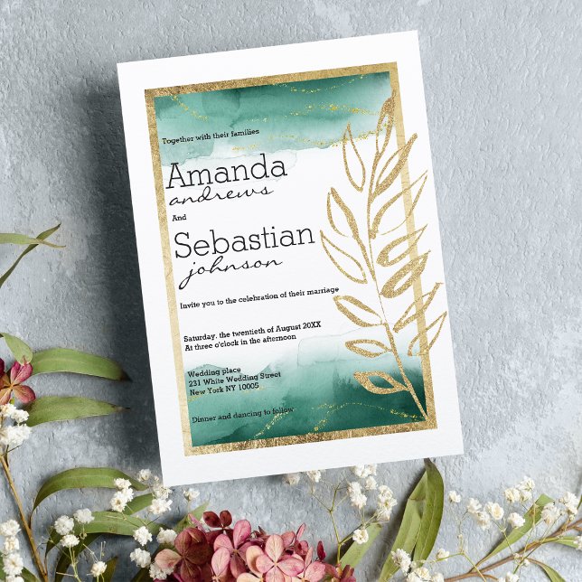 Invitación Boda de purpurina dorado verde acuarela (Watercolor green white gold glitter wedding)