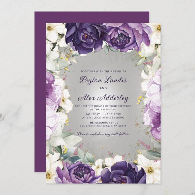 Invitación Boda de Purpurina floral blanco morado romántico (Anverso / Reverso)