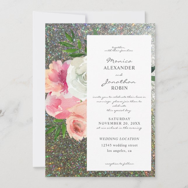 Invitación Boda de Purpurina floral y plateado gris rosado 2  (Anverso)