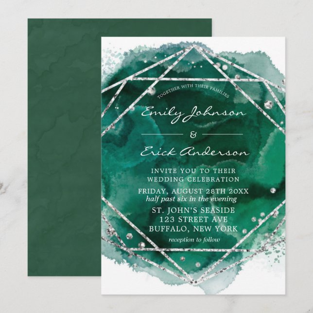 Invitación Boda de Purpurina geométrico de plata verde esmera (Anverso / Reverso)
