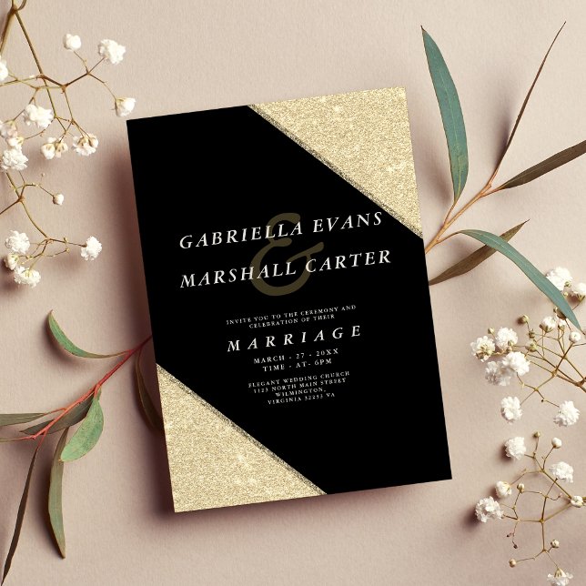 Invitación Boda de purpurina y ampersor de oro negro geométri (Geometric black gold ampersand glitter wedding)