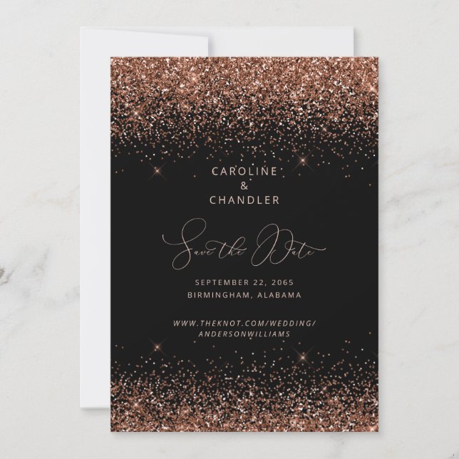 Invitación Boda de Purpurinas de bronce y negro salva el Glam (Anverso)