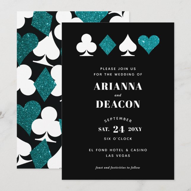 Invitación Boda de Purpurinas Verde azulados de Casino Modern (Anverso / Reverso)